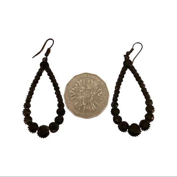 Vintage Costume Jewellery Black Rhinestone Teardrop Dangle Earrings - Picture 8 of 11